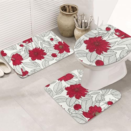 VOSERY Badezimmerteppich-Set, 3-teilig, Blätter Anemonen, Blumen, Rot, Grau, saugfähig, Badezimmerteppich, rutschfest, Toilettensitz-Deckelbezug, WC-Vorleger, U-förmig, waschbar, Badezimmer-Dekor VOSERY Badezimmerteppich-Set, 3-teilig, Blätter Anemonen, Blumen, Rot, Grau, saugfähig, Badezimmerteppich, rutschfest, Toilettensitz-Deckelbezug, WC-Vorleger, U-förmig, waschbar, Badezimmer-Dekor von VOSERY