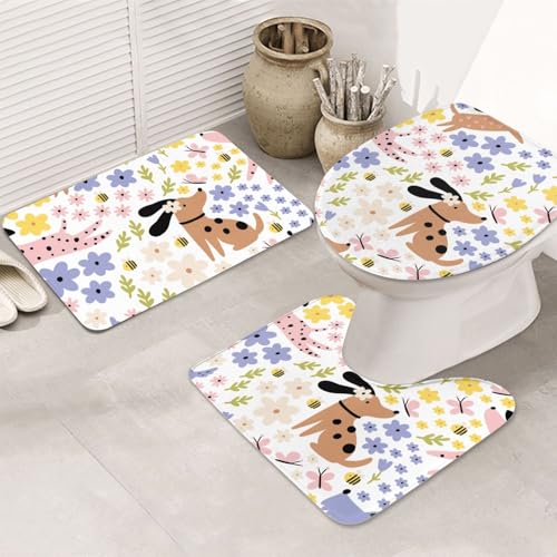 VOSERY Badezimmerteppich-Set, 3-teilig, Cartoon-Hunde und Blumen, saugfähig, rutschfest, Toilettensitz-Deckelbezug, WC-Vorleger, U-förmig, waschbar, Badezimmer-Dekor VOSERY Badezimmerteppich-Set, 3-teilig, Cartoon-Hunde und Blumen, saugfähig, rutschfest, Toilettensitz-Deckelbezug, WC-Vorleger, U-förmig, waschbar, Badezimmer-Dekor von VOSERY