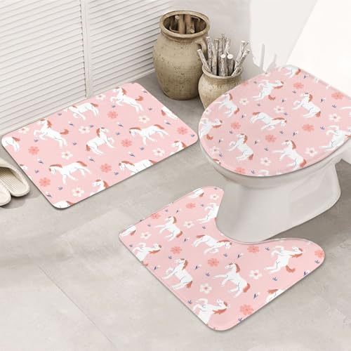VOSERY Badezimmerteppich-Set, 3-teilig, Cartoon-Motiv, niedliches Pferd, Blume, rosa, saugfähig, Badezimmerteppich, rutschfest, Toilettensitz-Deckelbezug, WC-Vorleger, U-förmig, waschbar VOSERY Badezimmerteppich-Set, 3-teilig, Cartoon-Motiv, niedliches Pferd, Blume, rosa, saugfähig, Badezimmerteppich, rutschfest, Toilettensitz-Deckelbezug, WC-Vorleger, U-förmig, waschbar von VOSERY