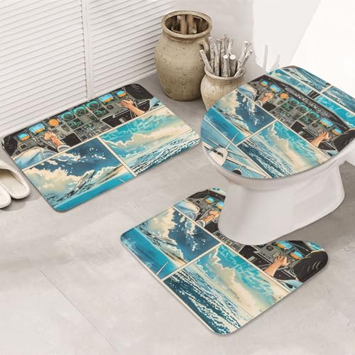 VOSERY Badezimmerteppich-Set, 3-teilig, Comic-Flugzeug-Cockpit-Illustration, saugfähig, rutschfest, Toilettensitz-Deckelbezug, WC-Vorleger, U-förmig, waschbar, Badezimmer-Dekor VOSERY Badezimmerteppich-Set, 3-teilig, Comic-Flugzeug-Cockpit-Illustration, saugfähig, rutschfest, Toilettensitz-Deckelbezug, WC-Vorleger, U-förmig, waschbar, Badezimmer-Dekor von VOSERY