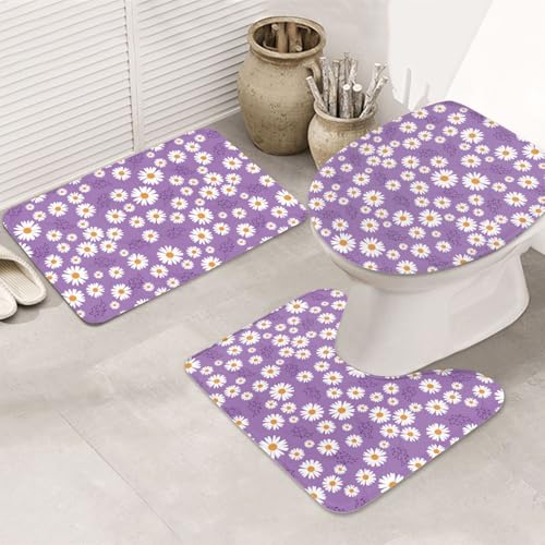 VOSERY Badezimmerteppich-Set, 3-teilig, Gänseblümchen, Blumen, Blütenblatt, violett, saugfähig, Badezimmerteppich, rutschfest, Toilettensitz-Deckelbezug, WC-Vorleger, U-förmig, waschbar VOSERY Badezimmerteppich-Set, 3-teilig, Gänseblümchen, Blumen, Blütenblatt, violett, saugfähig, Badezimmerteppich, rutschfest, Toilettensitz-Deckelbezug, WC-Vorleger, U-förmig, waschbar von VOSERY