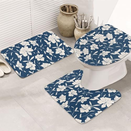 VOSERY Badezimmerteppich-Set, 3-teilig, Lilien, Blumen, Marineblau, saugfähig, Badezimmerteppich, rutschfest, Toilettensitz-Deckelbezug, WC-Vorleger, U-förmig, waschbar, Badezimmer-Dekor VOSERY Badezimmerteppich-Set, 3-teilig, Lilien, Blumen, Marineblau, saugfähig, Badezimmerteppich, rutschfest, Toilettensitz-Deckelbezug, WC-Vorleger, U-förmig, waschbar, Badezimmer-Dekor von VOSERY