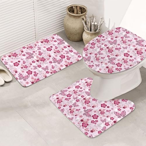 VOSERY Badezimmerteppich-Set, 3-teilig, Motiv: Blume, Schmetterling, rosa, saugfähig, rutschfest, WC-Sitz-Deckelbezug, WC-Vorleger, U-förmig, waschbar, Badezimmer-Dekor VOSERY Badezimmerteppich-Set, 3-teilig, Motiv: Blume, Schmetterling, rosa, saugfähig, rutschfest, WC-Sitz-Deckelbezug, WC-Vorleger, U-förmig, waschbar, Badezimmer-Dekor von VOSERY