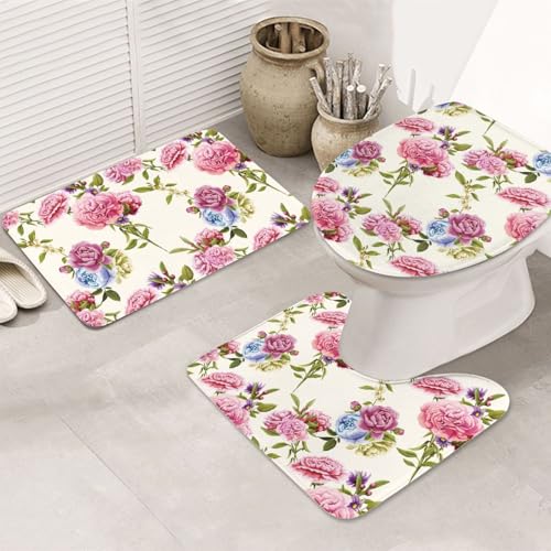 VOSERY Badezimmerteppich-Set, 3-teilig, Motiv: Nelken, Blumen, Blumenstrauß, saugfähig, rutschfest, Toilettensitz-Deckelbezug, WC-Vorleger, U-förmig, waschbar, Badezimmer-Dekor VOSERY Badezimmerteppich-Set, 3-teilig, Motiv: Nelken, Blumen, Blumenstrauß, saugfähig, rutschfest, Toilettensitz-Deckelbezug, WC-Vorleger, U-förmig, waschbar, Badezimmer-Dekor von VOSERY