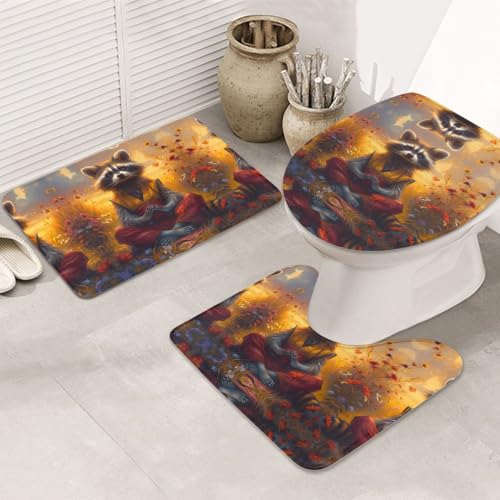 VOSERY Badezimmerteppich-Set, 3-teilig, Motiv: Sonnenuntergang, Blume, meditierender Waschbär, saugfähig, rutschfest, Toilettensitz-Deckelbezug, WC-Vorleger, U-förmig, waschbar, Badezimmer-Dekor VOSERY Badezimmerteppich-Set, 3-teilig, Motiv: Sonnenuntergang, Blume, meditierender Waschbär, saugfähig, rutschfest, Toilettensitz-Deckelbezug, WC-Vorleger, U-förmig, waschbar, Badezimmer-Dekor von VOSERY