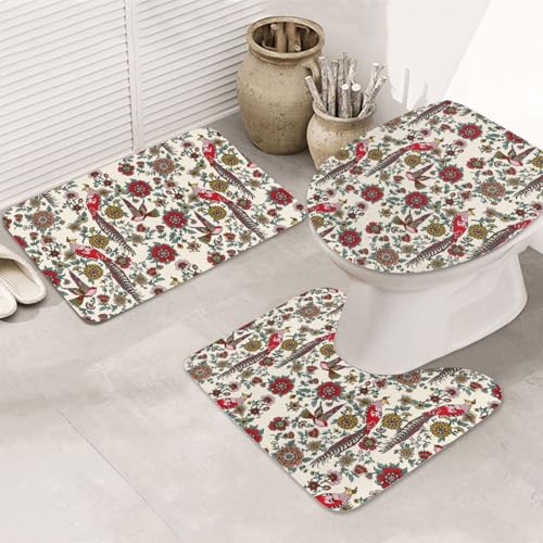VOSERY Badezimmerteppich-Set, 3-teilig, Rot / Gelb, Blumen und Vögel, saugfähig, rutschfest, WC-Sitz-Deckelbezug, WC-Vorleger, U-förmig, waschbar, Badezimmer-Dekor VOSERY Badezimmerteppich-Set, 3-teilig, Rot / Gelb, Blumen und Vögel, saugfähig, rutschfest, WC-Sitz-Deckelbezug, WC-Vorleger, U-förmig, waschbar, Badezimmer-Dekor von VOSERY
