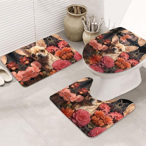 VOSERY Badezimmerteppich-Set, 3-teilig, Vintage-Stil, rote Blume, Chihuahua, saugfähig, Badezimmerteppich, rutschfest, Toilettensitz-Deckelbezug, WC-Vorleger, U-förmig, waschbar, Badezimmer-Dekor VOSERY Badezimmerteppich-Set, 3-teilig, Vintage-Stil, rote Blume, Chihuahua, saugfähig, Badezimmerteppich, rutschfest, Toilettensitz-Deckelbezug, WC-Vorleger, U-förmig, waschbar, Badezimmer-Dekor von VOSERY