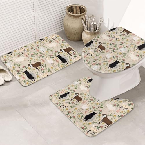 VOSERY Badezimmerteppich-Set, 3-teilig, bemalt, niedliche Ziege, Blume, saugfähig, Badezimmerteppich, rutschfest, Toilettensitz-Deckelbezug, WC-Vorleger, U-förmig, waschbar, Badezimmer-Dekor VOSERY Badezimmerteppich-Set, 3-teilig, bemalt, niedliche Ziege, Blume, saugfähig, Badezimmerteppich, rutschfest, Toilettensitz-Deckelbezug, WC-Vorleger, U-förmig, waschbar, Badezimmer-Dekor von VOSERY