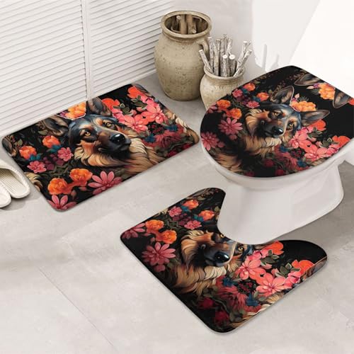 VOSERY Badezimmerteppich-Set, 3-teilig, bunte Blumen, Deutscher Schäferhund, saugfähig, Badezimmerteppich, rutschfest, Toilettensitz-Deckelbezug, WC-Vorleger, U-förmig, waschbar, Badezimmer-Dekor VOSERY Badezimmerteppich-Set, 3-teilig, bunte Blumen, Deutscher Schäferhund, saugfähig, Badezimmerteppich, rutschfest, Toilettensitz-Deckelbezug, WC-Vorleger, U-förmig, waschbar, Badezimmer-Dekor von VOSERY