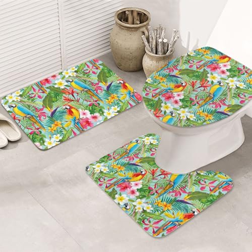 VOSERY Badezimmerteppich-Set, 3-teilig, bunte Papageien, Blumen, Pflanzen, saugfähig, Badezimmerteppich, rutschfest, Toilettensitz-Deckelbezug, WC-Vorleger, U-förmig, waschbar, Badezimmer-Dekor VOSERY Badezimmerteppich-Set, 3-teilig, bunte Papageien, Blumen, Pflanzen, saugfähig, Badezimmerteppich, rutschfest, Toilettensitz-Deckelbezug, WC-Vorleger, U-förmig, waschbar, Badezimmer-Dekor von VOSERY