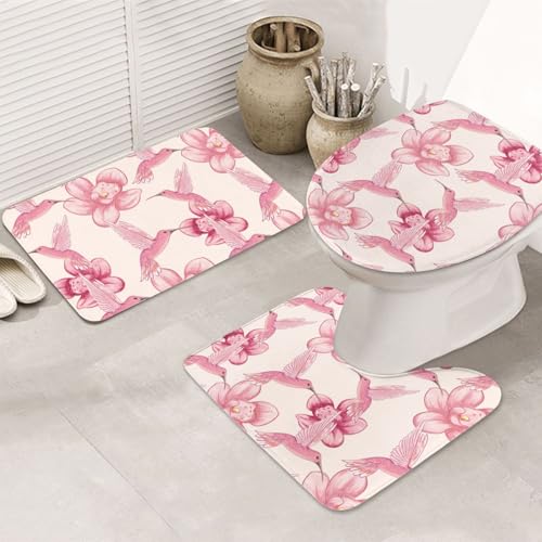 VOSERY Badezimmerteppich-Set, 3-teilig, rosa Kolibri, Blume, saugfähig, rutschfest, Toilettensitz-Deckelbezug, WC-Vorleger, U-förmig, waschbar, Badezimmer-Dekor VOSERY Badezimmerteppich-Set, 3-teilig, rosa Kolibri, Blume, saugfähig, rutschfest, Toilettensitz-Deckelbezug, WC-Vorleger, U-förmig, waschbar, Badezimmer-Dekor von VOSERY