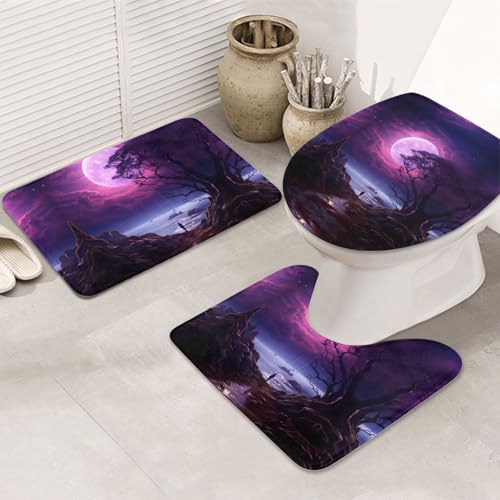 VOSERY Badezimmerteppich-Set, 3-teilig, violetter Mond, Baum, Nachthimmel, saugfähig, Badezimmerteppich, rutschfest, Toilettensitz-Deckelbezug, WC-Vorleger, U-förmig, waschbar, Badezimmer-Dekor VOSERY Badezimmerteppich-Set, 3-teilig, violetter Mond, Baum, Nachthimmel, saugfähig, Badezimmerteppich, rutschfest, Toilettensitz-Deckelbezug, WC-Vorleger, U-förmig, waschbar, Badezimmer-Dekor von VOSERY