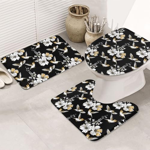 VOSERY Badezimmerteppich-Set, 3-teilig, weiße Blumen, Kolibris, saugfähig, Badezimmerteppich, rutschfest, Toilettensitz-Deckelbezug, WC-Vorleger, U-förmig, waschbar, Badezimmer-Dekor VOSERY Badezimmerteppich-Set, 3-teilig, weiße Blumen, Kolibris, saugfähig, Badezimmerteppich, rutschfest, Toilettensitz-Deckelbezug, WC-Vorleger, U-förmig, waschbar, Badezimmer-Dekor von VOSERY