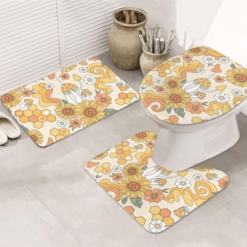 VOSERY Badezimmerteppich-Set, Hippie-Blumen-Pilze, saugfähig, rutschfest, WC-Sitz-Deckelbezug, WC-Vorleger, U-förmig, waschbar, Badezimmer-Dekor VOSERY Badezimmerteppich-Set, Hippie-Blumen-Pilze, saugfähig, rutschfest, WC-Sitz-Deckelbezug, WC-Vorleger, U-förmig, waschbar, Badezimmer-Dekor von VOSERY