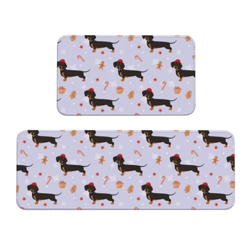 VOSERY Küchenmatten für den Boden, 2-teilig, Lila Dackel, Hund, Welpen, Süßigkeiten, Anti-Ermüdungs-Matten für Küche, Boden, Küchenteppich, rutschfest, waschbar, für Badezimmer, Schlafzimmer, Zuhause von VOSERY