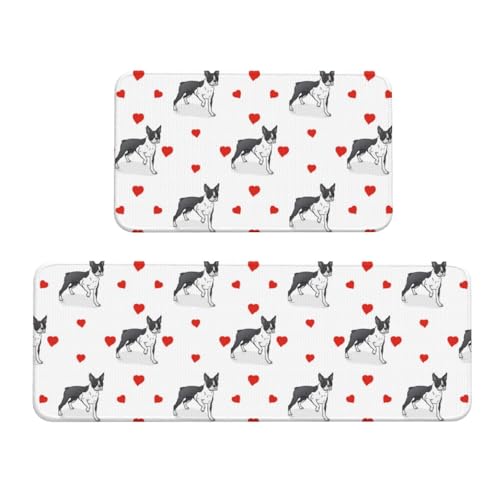VOSERY Küchenmatten für den Boden, 2-teilig, Motiv: Boston Terrier, Hundeherzen, niedliche Anti-Ermüdungs-Matten für Küche, Boden, Küchenteppich, rutschfest, waschbar, für Badezimmer, Schlafzimmer von VOSERY