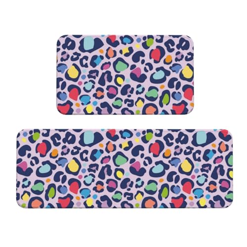 VOSERY Küchenmatten für den Boden, 2-teilig, Regenbogen-Leopardenmuster, Anti-Ermüdungs-Matten für Küche, Boden, Küchenteppich, rutschfest, waschbar, für Badezimmer, Schlafzimmer, Zuhause von VOSERY