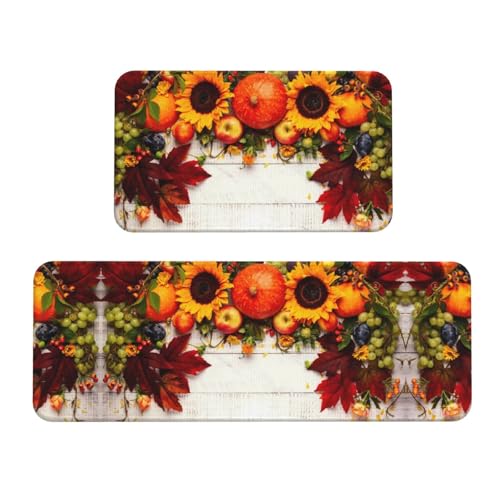 VOSERY Küchenmatten für den Boden, 2-teilig, Thanksgiving mit Herbstkürbisen, Herbstblättern, Anti-Ermüdungsmatten für Küche, Boden, Küchenteppich, rutschfest, waschbar, für Badezimmer, Schlafzimmer von VOSERY