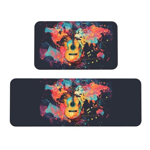 VOSERY Küchenmatten für den Boden, 2-teilig, Weltkarte, Gitarre, Illustration, Anti-Ermüdungs-Matten für Küche, Boden, Küchenteppich, rutschfest, waschbar, für Badezimmer, Schlafzimmer, Zuhause VOSERY Küchenmatten für den Boden, 2-teilig, Weltkarte, Gitarre, Illustration, Anti-Ermüdungs-Matten für Küche, Boden, Küchenteppich, rutschfest, waschbar, für Badezimmer, Schlafzimmer, Zuhause von VOSERY