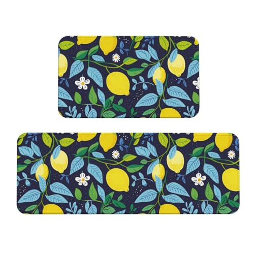 VOSERY Küchenmatten für den Boden, 2-teilig, Zitronenblüten-Blätter, Anti-Ermüdungs-Matten für Küche, Boden, Küchenteppich, rutschfest, waschbar, für Badezimmer, Schlafzimmer, Zuhause von VOSERY