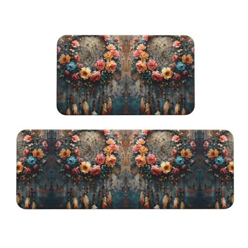 VOSERY Küchenmatten für den Boden, 2-teilig, floraler Traumfänger, Eleganz, Anti-Ermüdungs-Matten für Küche, Boden, Küchenteppich, rutschfest, waschbar, für Badezimmer, Schlafzimmer, Zuhause von VOSERY