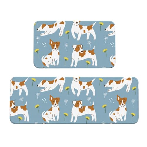 VOSERY Küchenmatten für den Boden, 2-teilig, niedlicher Hund, Welpe, Gänseblümchen, Anti-Ermüdungs-Matten für Küche, Boden, Küchenteppich, rutschfest, waschbar, für Badezimmer, Schlafzimmer, Zuhause von VOSERY