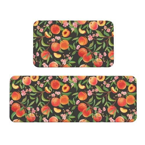 Vosery Küchenmatten für den Boden, 2 Stück, stilvolle Anti-Ermüdungs-Matten für Küchenboden, Obst, Pfirsich, Küchenteppich, rutschfest, waschbar, für Schlafzimmer, Badezimmer, Zuhause von VOSERY