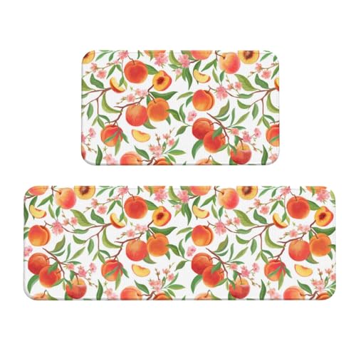 Vosery Küchenmatten für den Boden, 2 Stück, stilvolle Anti-Ermüdungs-Matten für Küchenboden, Obst, Pfirsich2, Küchenteppich, rutschfest, waschbar, für Schlafzimmer, Badezimmer, Zuhause von VOSERY