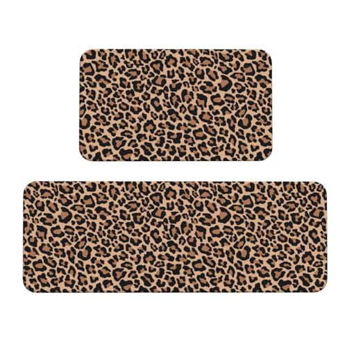 Vosery Küchenmatten für den Boden, 2 Stück, stilvolle Anti-Ermüdungs-Matten für Küchenboden, brauner Leopardenmuster, Küchenteppich, rutschfest, waschbar, für Schlafzimmer, Badezimmer, Zuhause von VOSERY