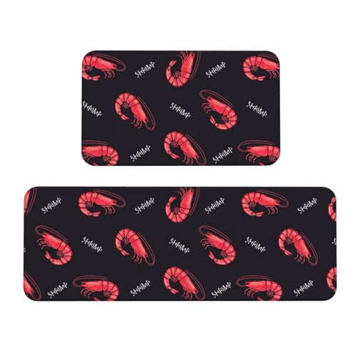 Vosery Küchenmatten für den Boden, 2 Stück, stilvolle Anti-Ermüdungs-Matten für Küchenboden, rote Garnelen-Druck, schwarz, Küchenteppich, rutschfest, waschbar, für Schlafzimmer, Badezimmer, Zuhause von VOSERY