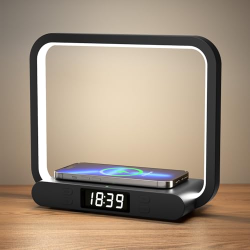 VOSFEEL Nachttischlampe mit Ladefunktion 4-in-1 Touch Dimmbar mit Uhr Nachtlicht 15W Kabelloses Laden mit USB-Anschluss Tischlampe für Schlafzimmer Wohnzimmer Büro(Adapter Inklusive) (Schwarz) von VOSFEEL
