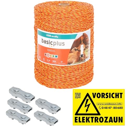 VOSS.farming 1000m Weidezaunlitze Weidezaun Elektrozaun Litze Weidezaunseil Kordel Zaun + Verbinder + Warnschild von VOSS.farming