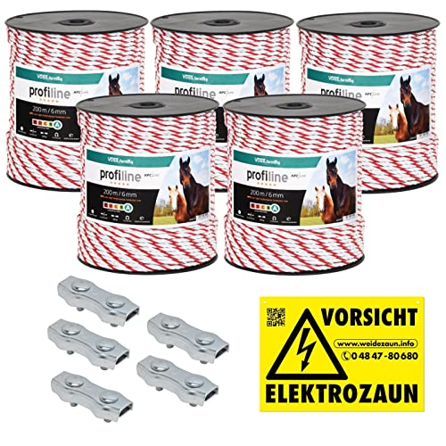 VOSS.farming 1000m Weidezaunseil 6mm Elektrozaunseil 6X 0,25 HPC-Leiter - mit Zubehör - weiß-rotes Elektroseil Pferdezaun Weidezaun Elektrozaun Ponyzaun von VOSS.farming