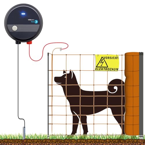 VOSS.farming 100m Hundezaun Komplettset Orange für große Hunde, Weidezaungerät Elektronetz Erdanschlussset Warnschild Reparaturset, Garten Hütesicherheit Elektrozaun Hundezaun Hund von VOSS.farming