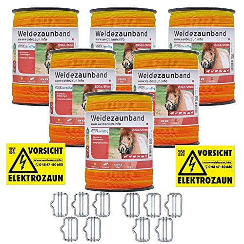 VOSS.farming 1200m Weidezaunband 20mm Elektrozaunband 5X 0,16 Niroleiter – mit Zubehör – gelb Oranges Elektroband Weidezaun Elektrozaun Ponyzaun Pferdezaun von VOSS.farming