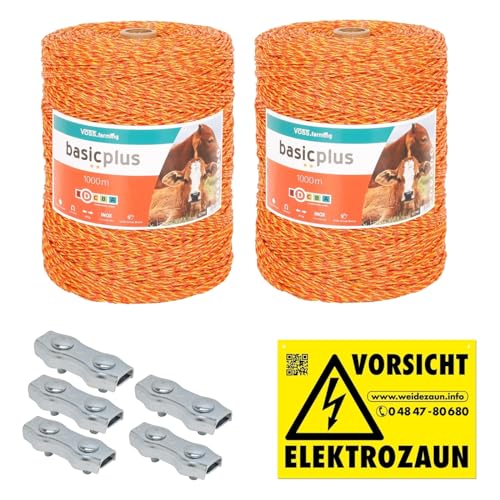 VOSS.farming 2000m Weidezaunlitze Weidezaun Elektrozaun Litze Weidezaunseil Kordel Zaun + Verbinder + Warnschild von VOSS.farming