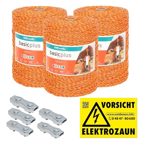 VOSS.farming 3000m Weidezaunlitze Weidezaun Elektrozaun Litze Weidezaunseil Kordel Zaun + Verbinder + Warnschild von VOSS.farming