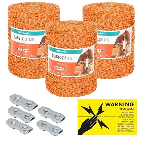 VOSS.farming 3000m Weidezaunlitze Weidezaun Elektrozaun Litze Weidezaunseil Kordel Zaun + Verbinder + Warnschild von VOSS.farming