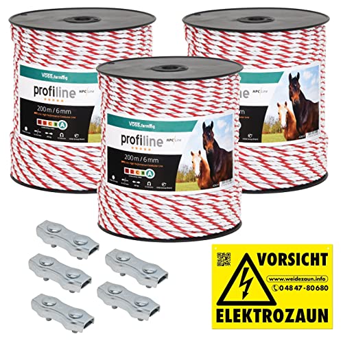 VOSS.farming 600m Weidezaunseil 6mm Elektrozaunseil 6X 0,25 HPC-Leiter - mit Zubehör - weiß-rotes Elektroseil Pferdezaun Weidezaun Elektrozaun Ponyzaun von VOSS.farming