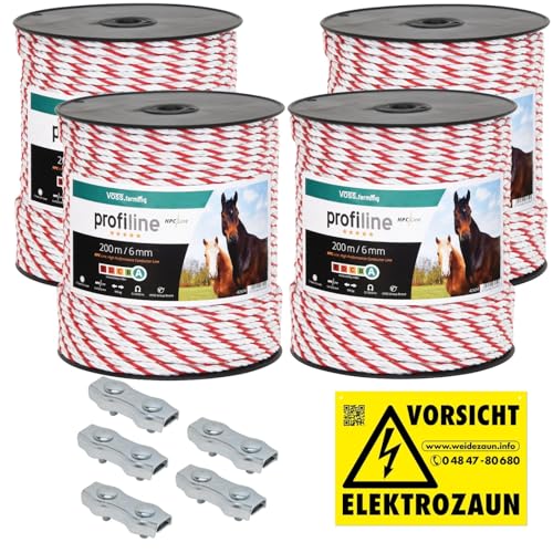 VOSS.farming 800m Weidezaunseil 6mm Elektrozaunseil 6X 0,25 HPC-Leiter - mit Zubehör - weiß-rotes Elektroseil Pferdezaun Weidezaun Elektrozaun Ponyzaun von VOSS.farming