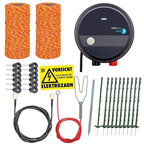 VOSS.farming Hundezaun Komplettset 100m Elektrozaun ideal für Einzäunungen in Ihrem Garten, mit umfangreichem Zubehör anschlussfertig mit 300m Weidezaunlitze Orange, 20 grüne Pfähle 105cm von VOSS.farming