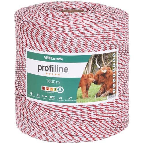 VOSS.farming Weidezaunlitze Profiline 1000m, 1x0,25 Kupfer, 8x0,2 NIRO, Weiß Rot Elektrozaun Elektrolitze Pferd Rind Pony Leitermaterial von VOSS.farming