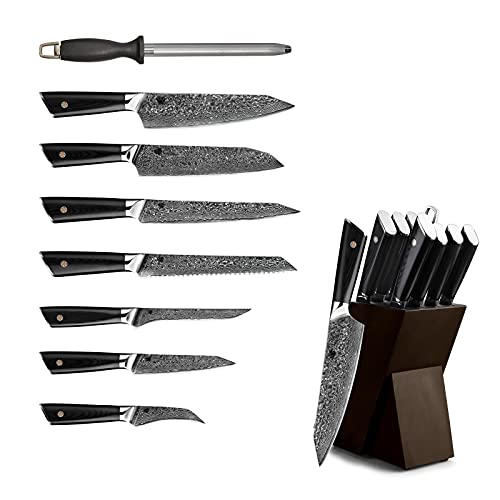 9tlg. Damast Messer Set Küchenmesser aus Damaststahl Inkl. Echtholz Messerblock Damastmesser Profimesser Kochmesser Santokumesser von VOSSBACH