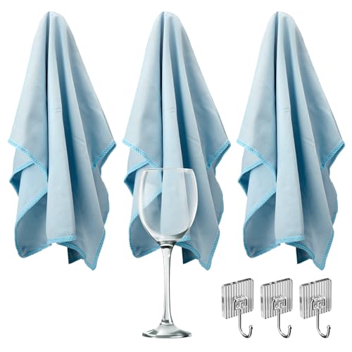 Microfaser Glaspoliertuch, Premium 3er-Set blau Mikrofaser Gläserpoliertuch fusselfreies, kratzerfreies Mikrofaser Poliertücher Groß, Weinglas Poliertuch für Spiegel und Hochglanzoberflächen 40*70cm von VOSSOT