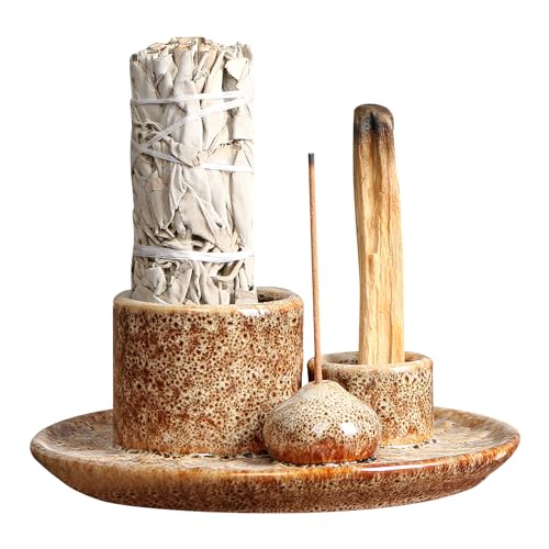 4 in 1 Räucherschale für jedes Räucherwerk, Räuchergefäß Räucherstäbchen, Palo Santo Halter Keramisches Räuchergefäß Räucherschälchen Räucherschale Keramik Aschefänger Tablett für Meditationsraum Yoga von VOSSOT