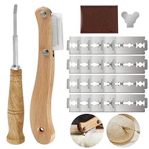 Bäckermesser, 2 Stück Brot Lahm Scoring Tool Set, Edelstahl Holzgriff Set, Teigmesser Baguettemesser mit 20 Rasierklinge Gebogene Brotmesser Ritzmesser für DIY Brotteig Muster Schneide Werkzeug von VOSSOT