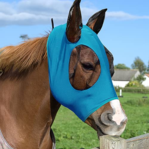 Fliegenmaske Pferd, Fliegenhaube Pferde UV-Schutz Fliegenmaske Elastizität Fliegenmaske mit Ohrenschutz Elastische Fliegenmaske für Pferde Atmungsaktive Feine Mesh (Blau) von VOSSOT