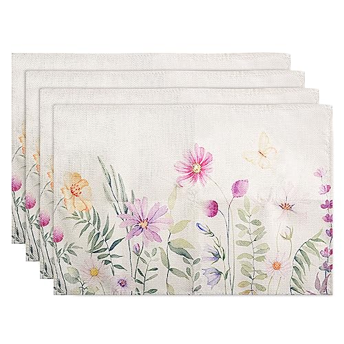 Platzsets 4er Set, Baumwollstoff Blumen Schmetterling Sommer Platzsets Urlaub Dekorative Tischsets Waschbar Platzdeckchen Küche Esszimmer Camping Party Deko 30x45cm von VOSSOT