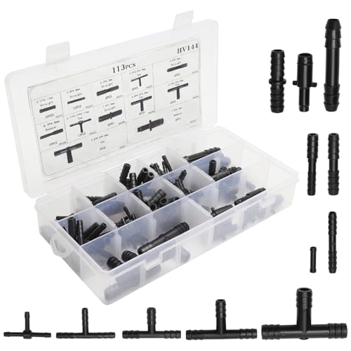 VOSSOT 113 Stück Schlauchverbinder Set -12 Größen für Schlauchkupplung & Gartenschlauch Verbinder, Reduzierstücke & T-Stücke für Bewässerungssystem Garten & Micro Drip System,Auto, Balkon, Diy von VOSSOT