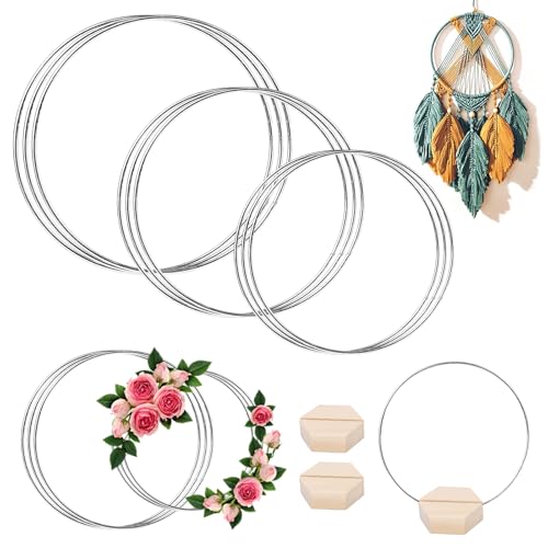 VOSSOT 15 Stück Metallringe zum Basteln mit 3 Stück Fuß,Metallringe Drahtringe,Dekoring mit Fuß Metallring,Deko Ringe zum Aufhängen,Metallring für Traumfängerkreis,Metall Ringe Hoops 10/15/20/25/30cm von VOSSOT